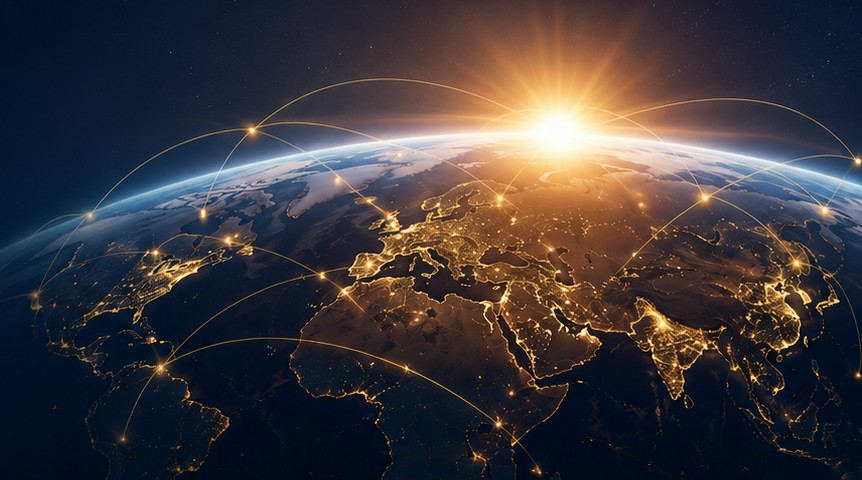 Illuminated world network connecting international business centres